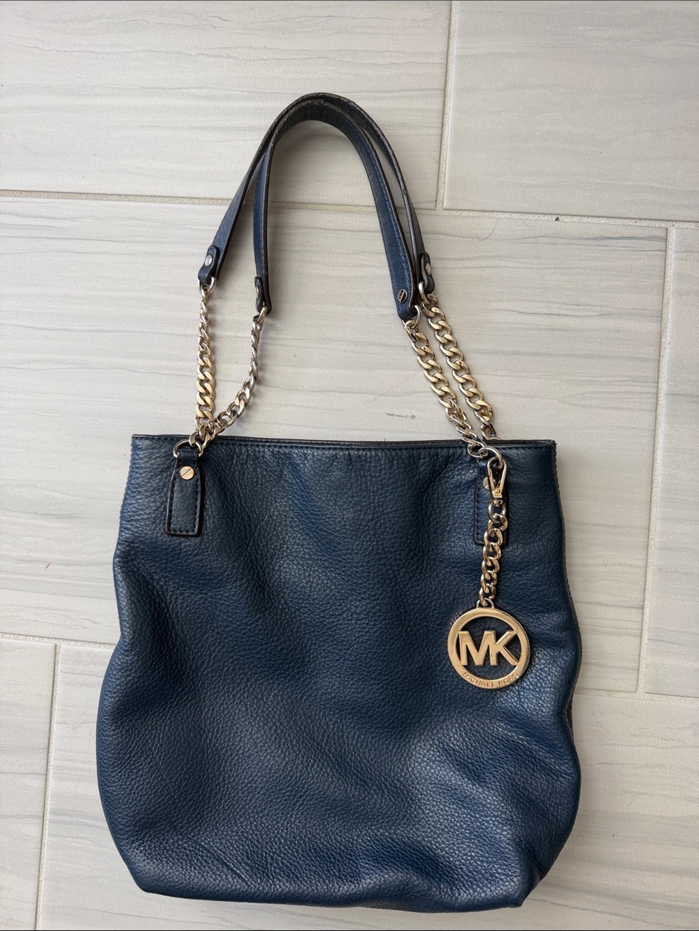 Michael Kors Dark Navy Pebbled Leather Tote with Gold MK Charm VNTG
